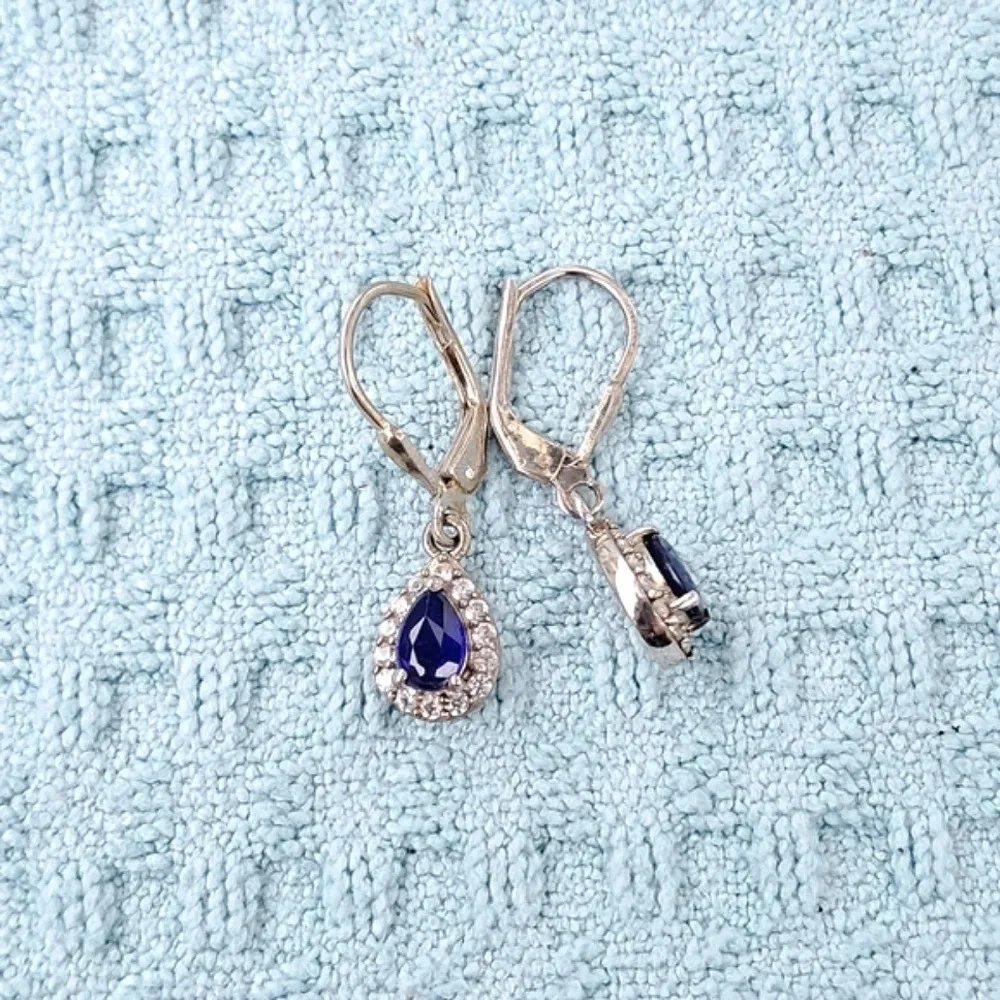 Natural Blue Spinel & White Zircon Halo Dangle Earrings In 925 Sterling Silver - Picture 4 of 7
